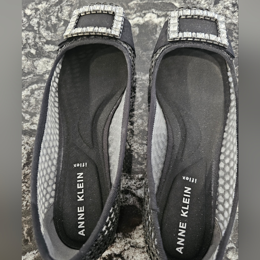 Anne Klein Black Crystal Buckle Ballet Flats, worn once, Size 8.5